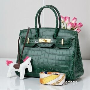 Green Leather Crocodile Pattern Satchel Crossbody Handbag with Scarf Pony 25CM